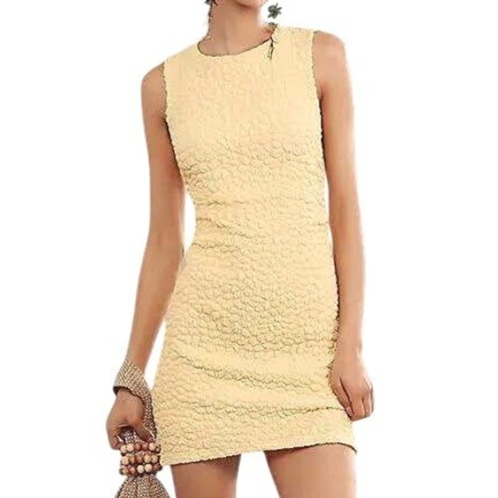 Anthropologie Mini Shift Dress Women XL Sunray Yellow Textured Ruched Sleeveless